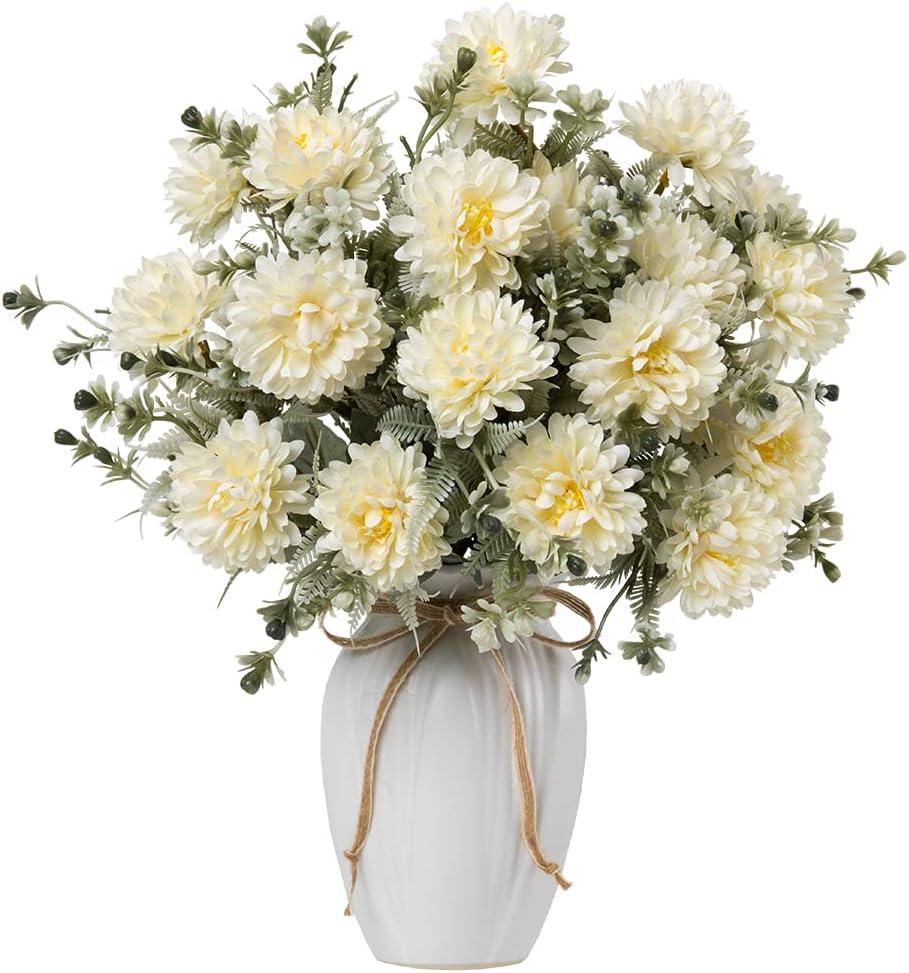 LESING Artificial Flowers in Vase Silk Flower Bouquets Arrangement with Vase Chrysanthemum Ball for Home Wedding Table Centerpieces (Champagne)