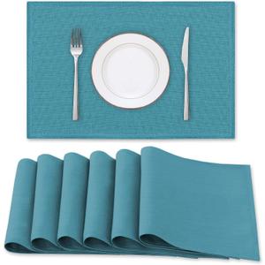 H.VERSAILTEX Linen Placemats Set of 6 Premium Solid Table Mats for Dining Table Spill-Proof Waterproof Heat-Resistant Kitchen Mats Washable, 12x18 inches, Teal
