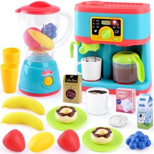 PLAY Kitchen Appliances Toys Set, Pretend Kids Kitchen Playset with Coffee Maker, Toy Blender and Play Foods, with Realistic Lights and Sounds, Play Kitchen Accessories Gift for Toddler Ages 3+