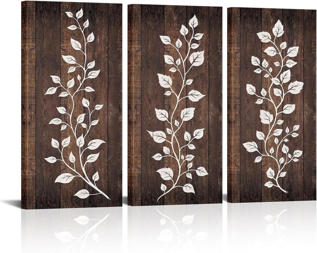 HOMEOART Rustic Brown Leaf Print Farmhouse Kitchen Wall Decor Leaf Decor Picture Botanical Art Bathroom Bedroom Living Room Dining Room Decoration, Framed 8x16inch 3Pieces