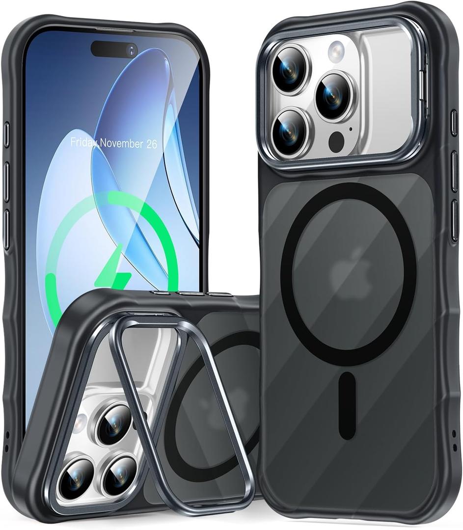 [Camera Ring Stand+Wave Magnetic Back] for iPhone 16 Pro Max Case, [Fit for Magsafe][Non-Slip Edge] Matte Translucent Protective Phone Case Cover Men Women for iPhone 16 Promax 6.9", Black