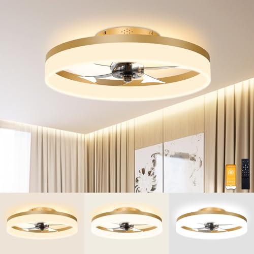 VOLISUN Low Profile Ceiling Fans with Lights and Remote, 19.7in Fandelier Ceiling Fan Flush Mount, 3000K-6500K Smart Bladeless LED Fan Light, Gold Modern Ceiling Fans with Lights for Bedroom