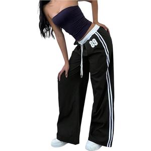 WDIRARA Women's Wide Leg Baggy Sweatpants Side Striped Number Graphic Track Pants with Pockets S, Black