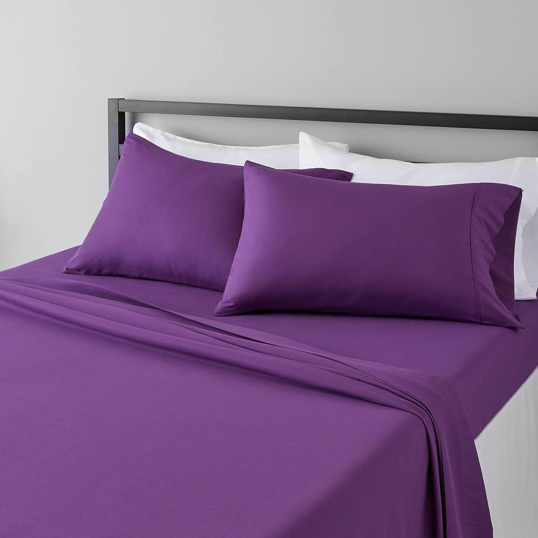 Amazon Basics Breathable Ultra-Soft Microfiber 4 Piece Bed Sheet Set with 14-Inch Deep Pockets, Wrinkle Resistant, Full, Plum, Solid