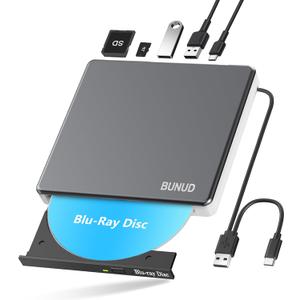 External Blu Ray CD DVD Drive, USB 3.0 Type C Blu ray Burner BD Player Read/Write Portable Bluray Drive Slim Optical Blue Ray CD DVD Reader for Laptop PC Windows 11 MacBook Pro Air Desktop Linux OS (Grey)