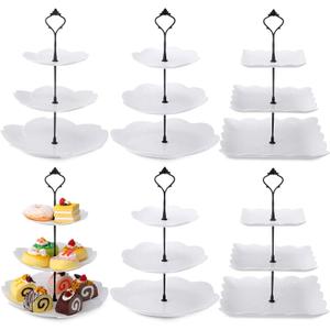 Sawysine 6 Pack 3 Tiered Serving Tray, Serving Tower 3 Tier Cupcake Stand Dessert Stand Bulk, White Thick Plastic Cupcake Tray Cookie Display for Tea Party Baby Shower Wedding Birthday Home(Black)