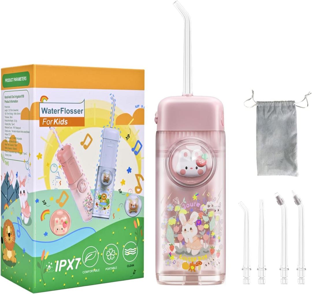Kids Water Flosser,3 Modes Cordless Portable Water Teeth Cleaner,4 Replaceable Nozzles,IPX7 Waterproof Oral Irrigator Rechargeable,Professional Flossing Cleaning Picks for Home Travel (Pink)