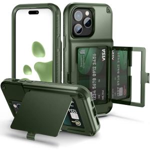 WeLoveCase for iPhone 14 Pro Max Case for Women, Men Defender Credit Card Holder Cover with Hidden Mirror, Three Layer Shockproof Heavy Duty Protection Case for iPhone 14 Pro Max 6.7'', Green