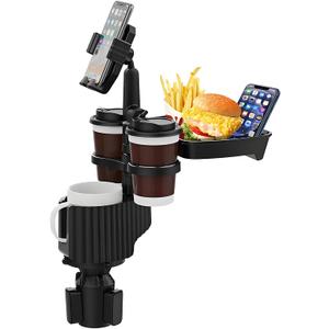 Car Cup Holder Expander, 6-in-1 Universal Cup Holder Tray Compatible with 2.3" to 3.6", Multi Cup Holders Table with Large Food Tray Phone Mount, for Travel Auto Trucker Road Trip Essentials