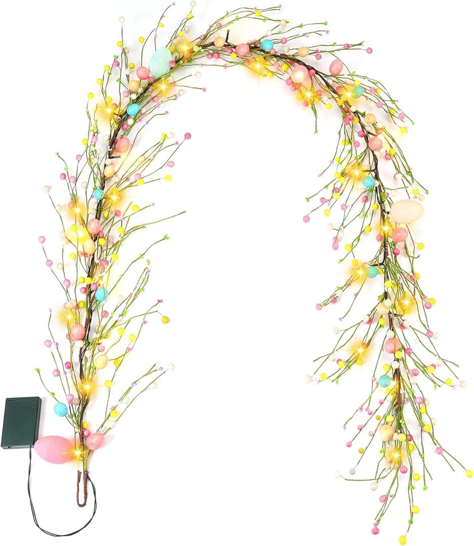 CENMORISE 6 Foot Easter Egg Garland-Easter Garland with Lights Colorful Berry Battery Operated Auto Timer for Spring Summer Holiday Party Office Decoration