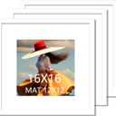 16x16 Picture Frame 3 Pack White Solid Wood for Mat 12x12 Wall Mounting Square Poster Frames