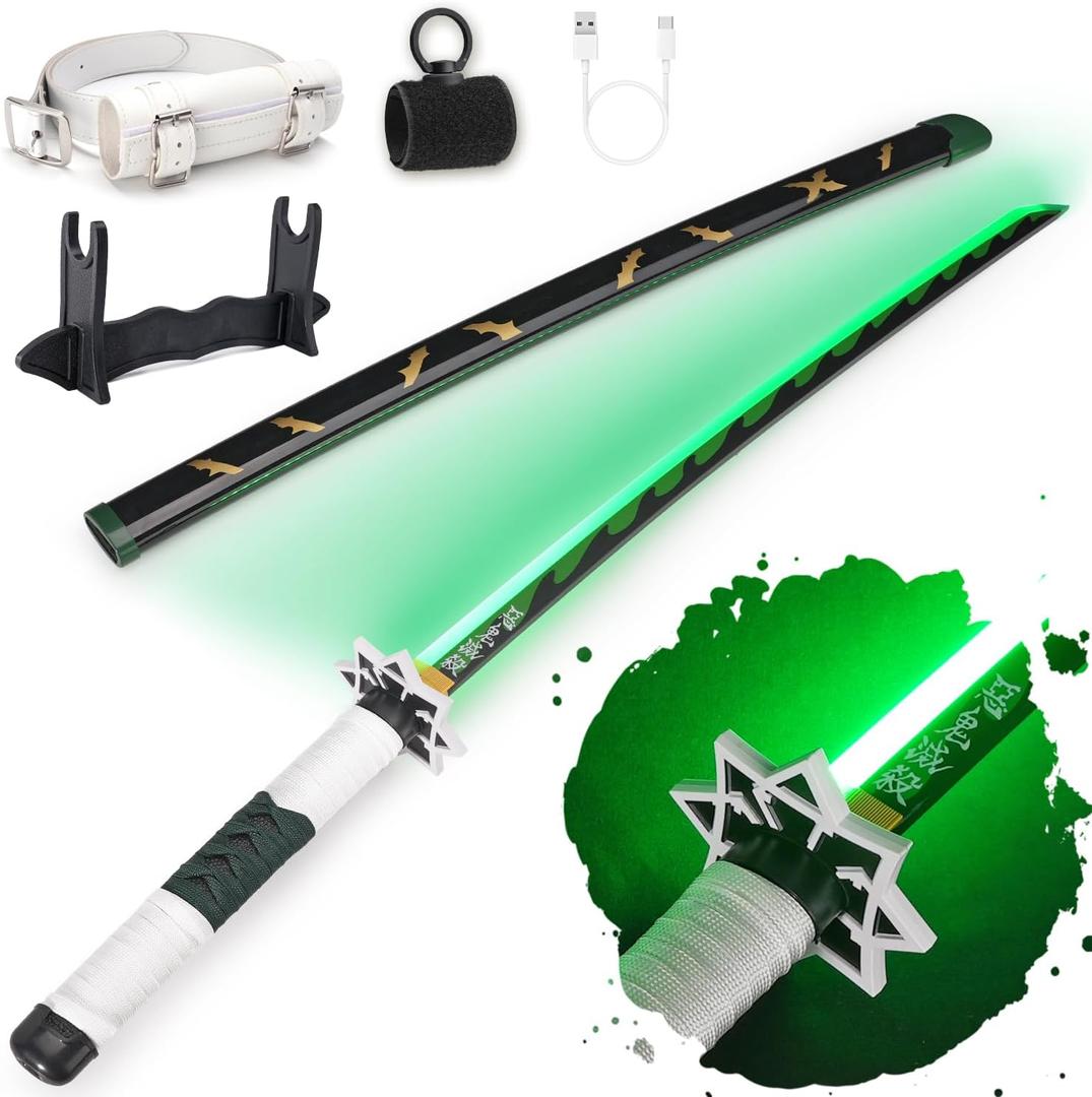 RENGENG Light Up Sword, 40 Inches Rechargeable Plastic Anime Replica with Belt & Stand, Original Texture Anime Sword (Sanemi)