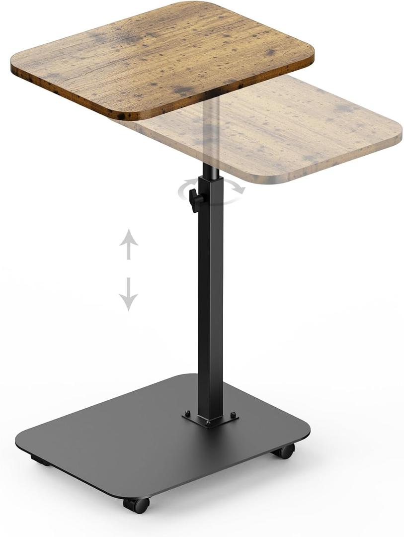 TV Tray Table Heavy Metal Base with Wheel Swivel/Adjustable Height Couch Table, Sofa Arm End Side Table for Living Room and Bedroom, Bed or Small Spaces