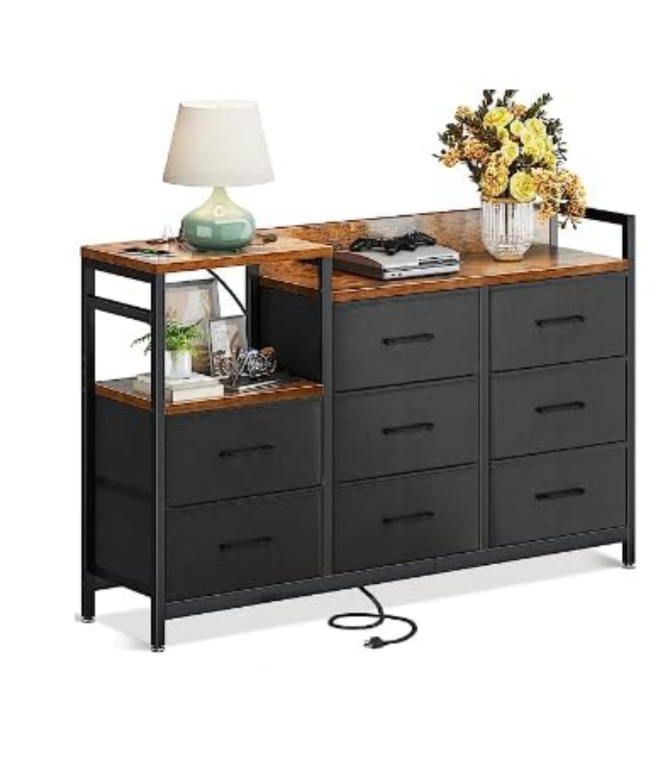 Rengue Dresser TV Stand with Charging Station 52'' Long Entertainment Center with 8 Drawers and Wooden Tabletop Furniture, Bedroom Furniture for Living Room, Hallway, Vintage and Black