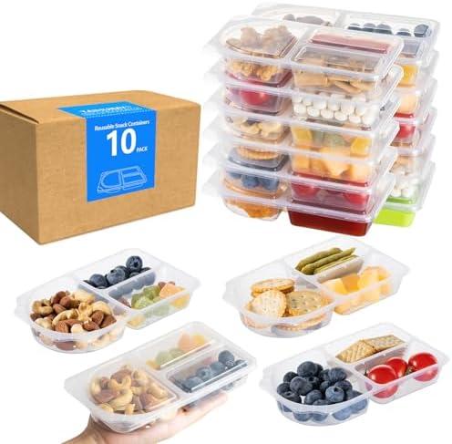 TAIHUIMY 9oz Reusable Snack Containers with Lids for Kid, New 3 Compartment Large Capacity Condiment Portion Control Meal Prep Containers for School lunch, Go out Travel, Party (10, 9, ounces)