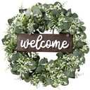 Sggvecsy 16in Artificial Eucalyptus Wreath with Welcome Sign Green Eucalyptus Leaf Wreath Greenery Wreath Round Leaves Wreath for Front Door Wall Window Festival Farmhouse Porch Patio Garden Decor