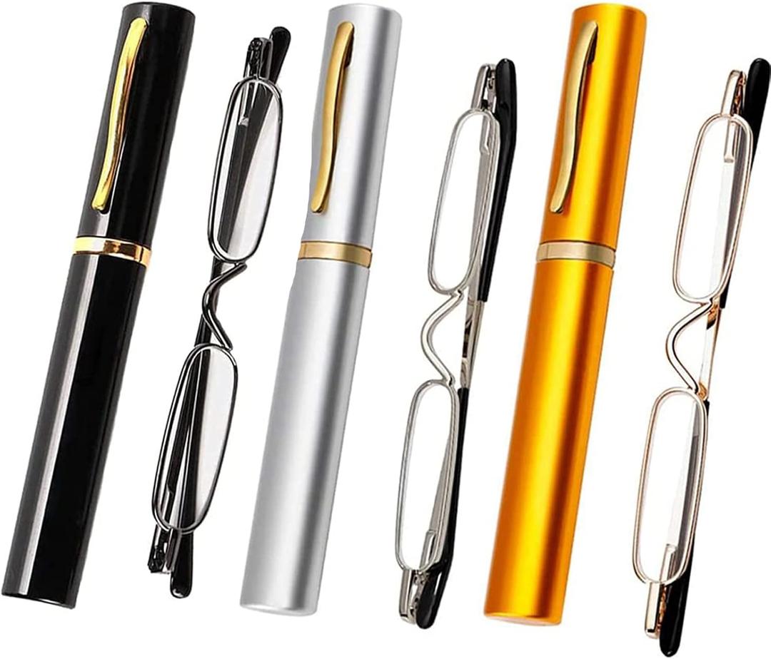 Viseng Slim Mini Metal Reading Glasses Compact Lightweight Portable Readers with Glasses Case for Reading Case,Gold+Silver+Black+2.25
