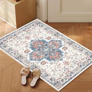 3x5 Washable Rug for Entryway，Boho Vintage Kitchen Rugs for Entrance, Small Non Slip Indoor Front Door Mat, Soft Low Pile Carpet for Bathroom,  Natural Fiber Collection Area Rug, Blue