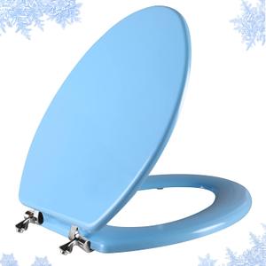 Blue Elongated Toilet Seat Natural Wood Toilet Seat with Zinc Alloy Hinges, Easy to Install also Easy to Clean, Scratch Resistant Toilet Seat by Angol Shiold (Elongated, Blue)