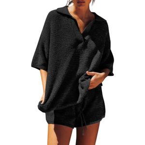 Tankaneo Womens Sweater Set 2 Piece Outfits Oversized 3/4 Sleeve V Neck Knit Tops High Waisted Shorts Lounge Sets (X-Small, Pure Black)
