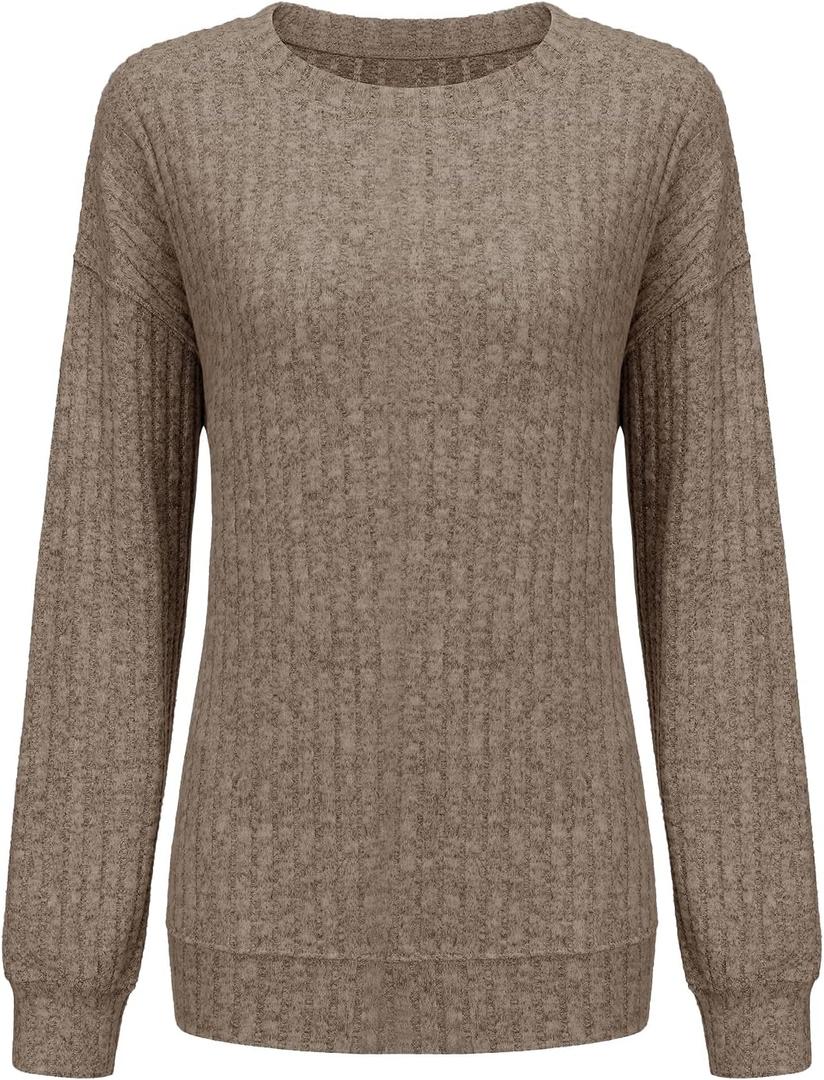 Women Ribbed Sweatshirt Casual Crew Neck Pullover Sweatshirt Loose Soft Long Sleeve Fall Winter Sweaters 2026 (L)