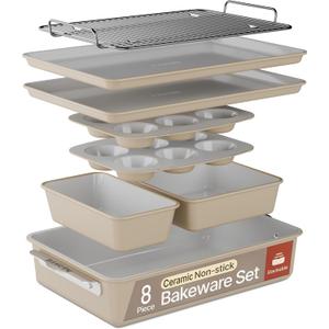 Bakken 8-Piece Ceramic Coated Bakeware Sets, Nonstick Aluminized Steel Pans with Muffin, Loaf, Cake, Roasting Pan, & Cooling Rack, Oven Safe Up To 500F, Dishwasher Safe, BPA, PTFE & PFAS Free, Cream