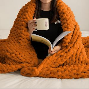 ATMOSURELY Ultra Soft Burnt Orange Chunky Knit Throw Blanket Cozy Fluffy Chenille Yarn Handmade Cable Knit Crochet Blanket for Bed Sofa Couch 50x60 Inches (Burnt Orange, 50"x60")
