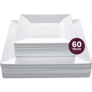 Aya's 60ct White Square Disposable Plates - Heavy Duty Plastic Party Plates for Christmas, Thanksgiving (30 Dinner & 30 Salad)