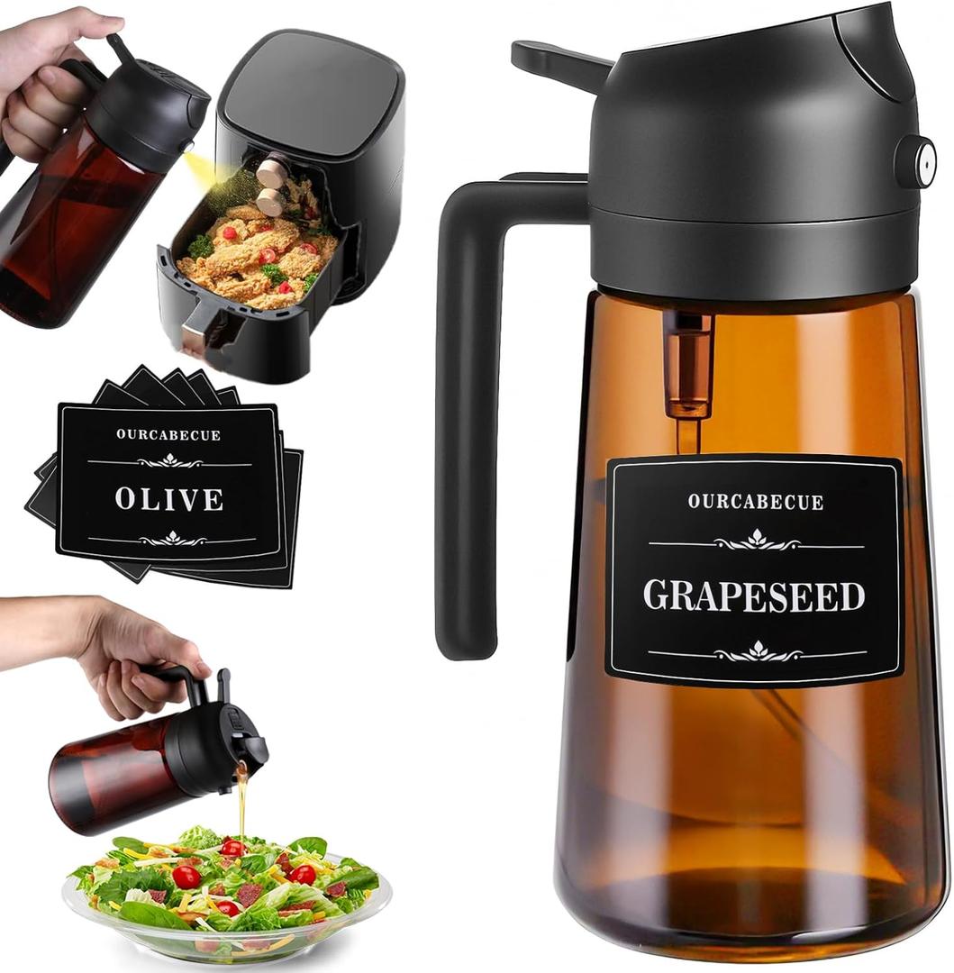 OURCABECUE 2 in 1 Olive Oil Sprayer for Cooking, 16oz/470ml Light-Blocking Dark Olive Oil Dispenser Bottle for Kitchen, Food-Grade Glass Oil Mister with 8 Oil Stickers