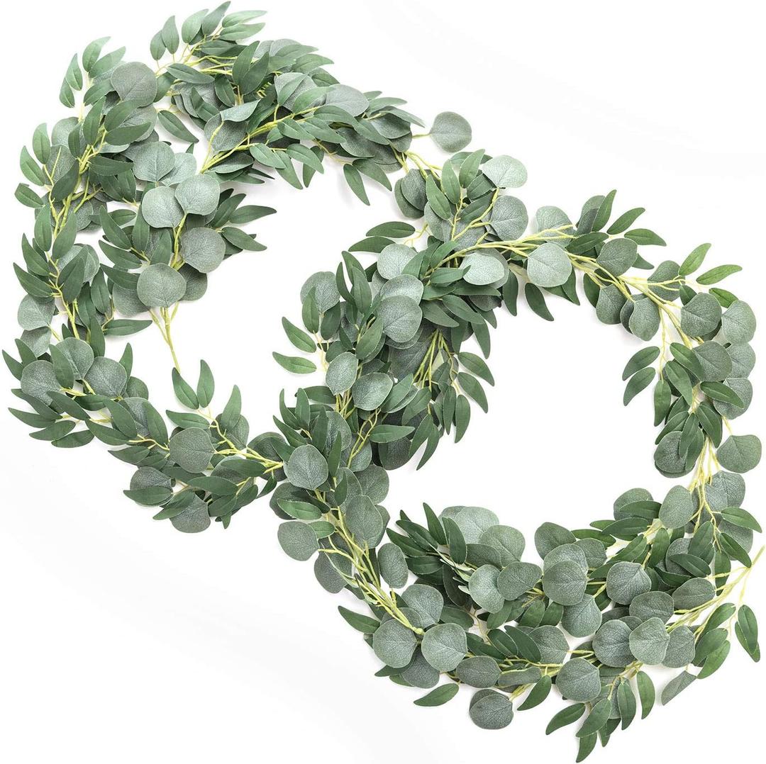 Ling's Moment Eucalyptus Garland for Table, 5.9 Ft Green Fake Eucalyptus Wreaths with Willow, 2 Pcs Real Touch Leaf Garland for Wedding Centerpieces Arch Rehearsal Dinner Bridal Shower