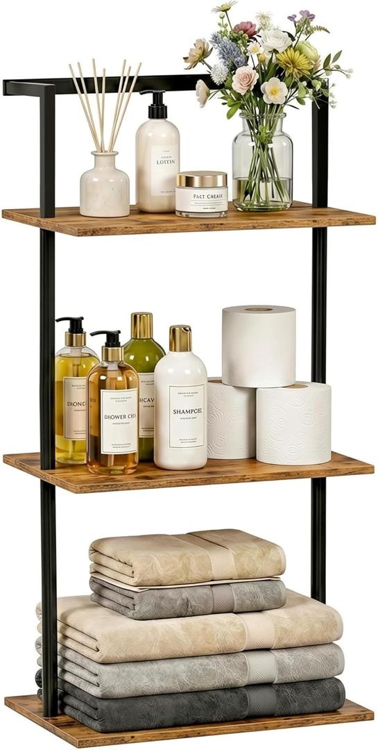 JEPRECO 3Tier Over The Toilet Storage Rack, Metal Wood Wall Mounted Floating Shelves for Bathroom Living Room Office, Rustic Brown