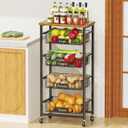XYZLVSI Kitchen Storage Cart with Wheels, 5Tier Metal Utility Rolling Cart Fruit Vegetable Storage Basket Pantry Rack with Wood Top & Pull Out Baskets for Kitchen, Livingroom, Diningroom, Office