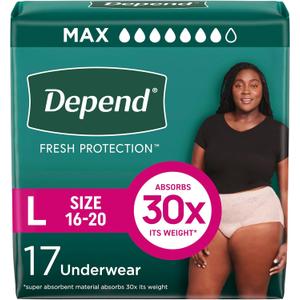 Depend Fresh Protection Adult Diapers, Incontinence & Postpartum Bladder Leak Underwear for Women, Disposable, Maximum, Large, Blush, 17 Count, 