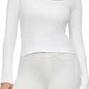 Women's Square Neck Long Sleeve Top : Cotton Flattering Blouse for Fitted Casual Sport Shirt Wear (White, L)