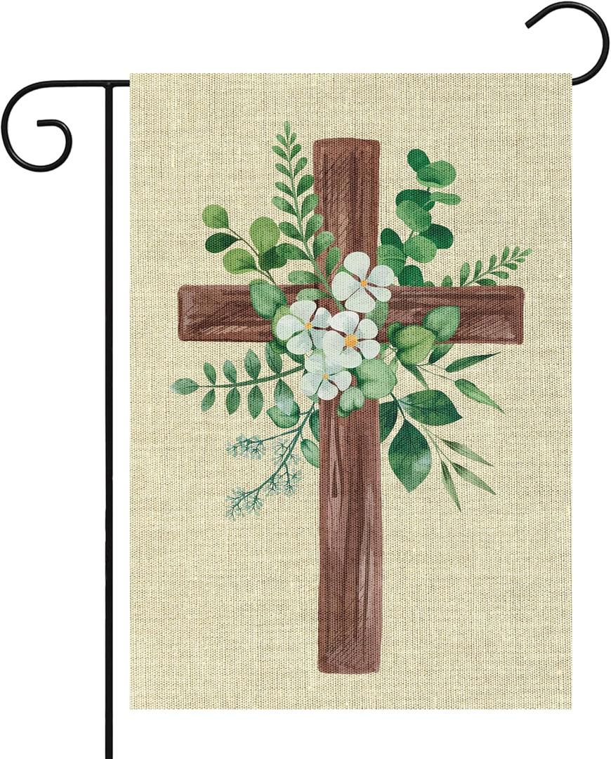 WATINC Spring Summer Eucalyptus Christian Cross Linen Garden Flag- 12 x 18 Inch Easter Religious Yard Flag for Outside, Double Sided House Outdoor Decoration for Porch Lawn Pathway (Green)