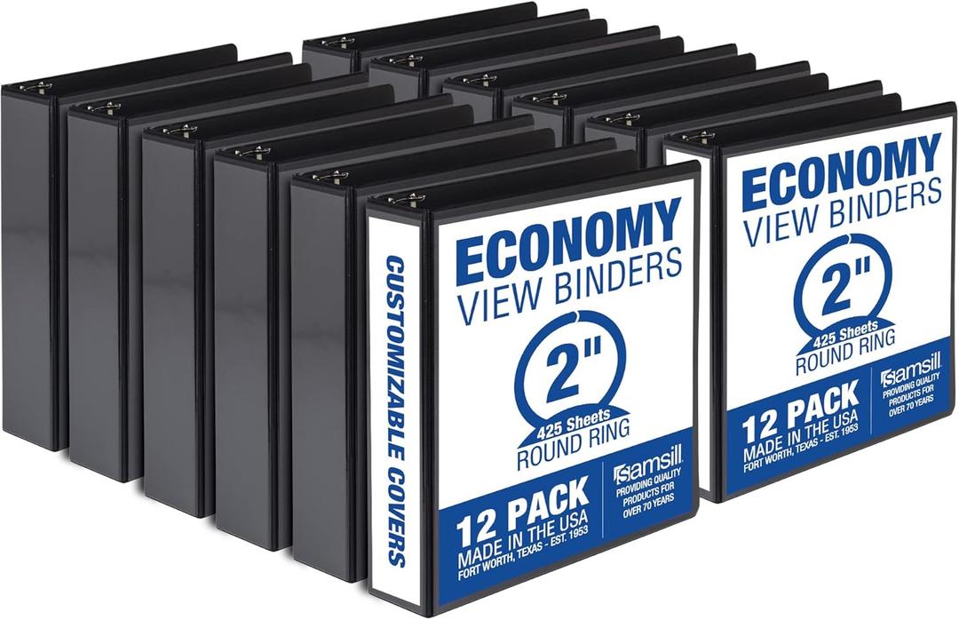 Samsill 2 Inch 3 Ring Binders, Made in USA, Economy Round Ring, Clear View Cover, 425 Sheet Capacity - for School, Home, Office - Black, 12 Pack