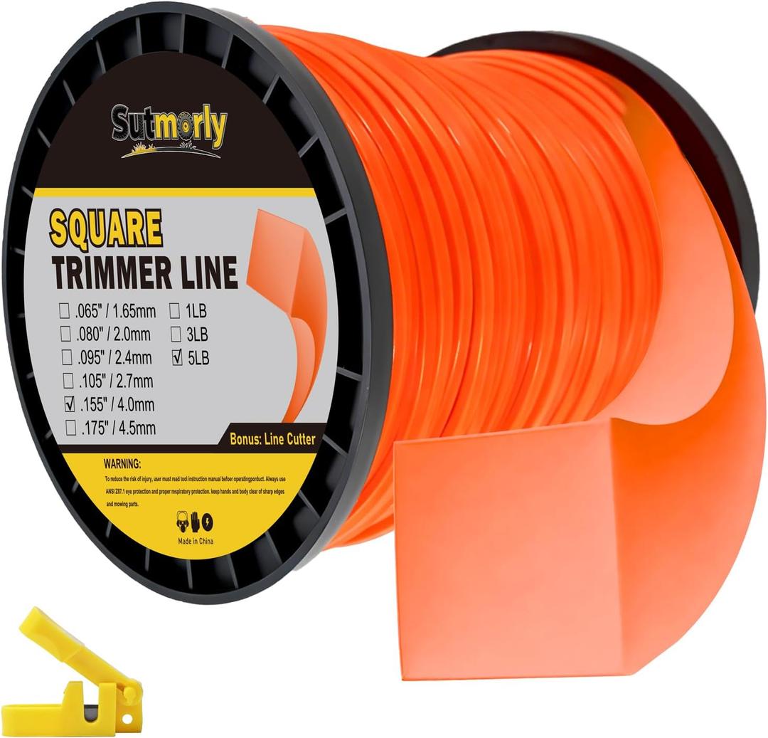 5-Pound Heavy Duty Square Trimmer Line 155-inch-by-492-ft, Commercial 0.155 String Trimmer Line in Spool, 0.155" Nylon Weed Eater String with Line Cutter Fits Most String Trimmer, Orange