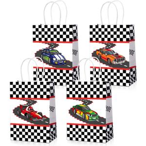 Sabary 24 Pieces Racing Car Party Favor Bags Car Goodie Treat Candy Paper Bags with Handles for Kids Checkered Racing Flag Themed Birthday Party Supplies Decorations