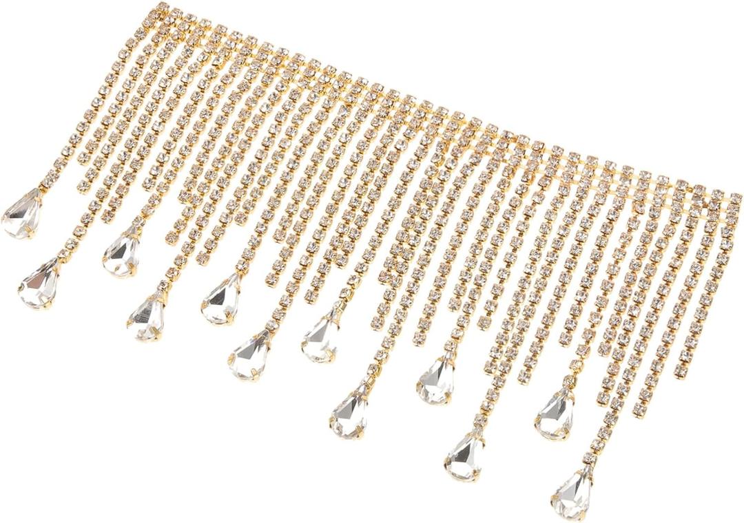 Operitacx DIY Rhinestone Chain Trim Fringe Tassel Trim for Sewing Decorative Clothing Accessories (14x8cm, Golden)
