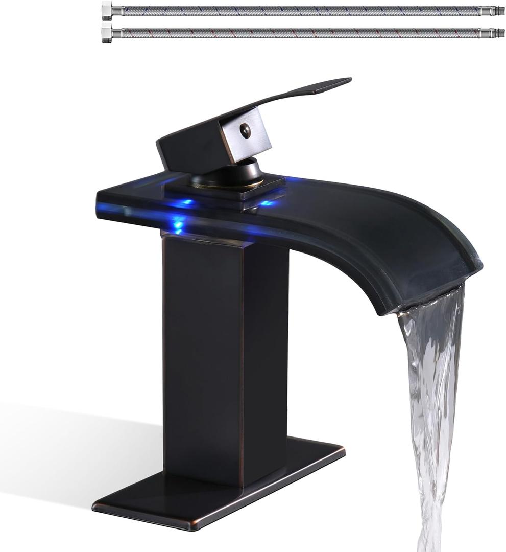 BATH FAMOLI LED Bathroom Sink Faucet, Tall Vessel Sink Faucet, Waterfall Single Handle 1 Hole and 2 Water Supply Lines, Brass Faucet with Open Glass Spout (Tall, Matte Black)