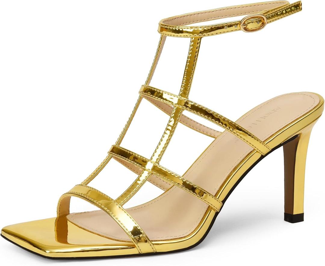 Womens Strappy Heels 3 inch Slingback Square Open Toe Stilettos Sandals, Patent Leather, Sexy Party Dress Shoes (10, Gold)