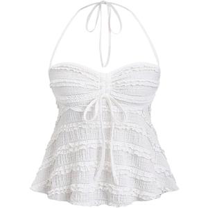 SOLY HUX Women's Peplum Halter Crop Tops Y2K Drawstring Tie Ruched Dressy Casual Spaghetti Strap Cami Top (Large, White)
