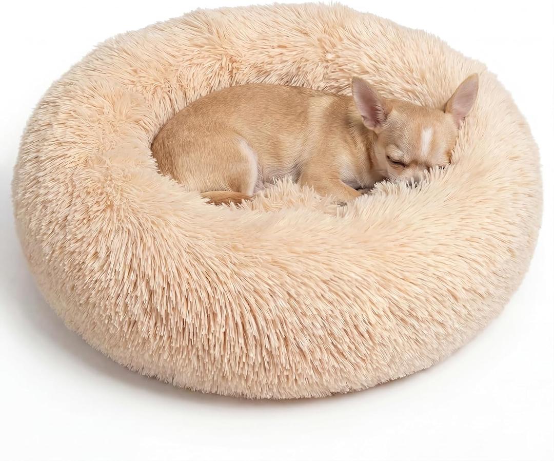 Tiny Dog Bed 15 Inch for Extra Small Dogs,Washable Puppy Bed,Soft Faux Fur Calming Donut Bed for Chihuahua Yorkie Maltese Pomeranian,Light Brown