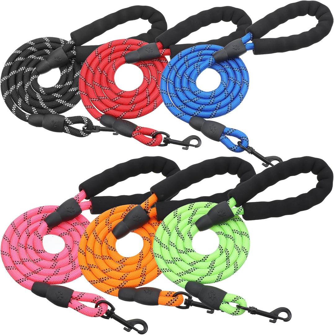 6 Pcs Heavy Duty Rope Dog Leash, 5 FT Nylon Pet Leash with Reflective Thread, Soft Padded Handle Thick Lead Leashs for Large Medium Dogs Small Puppy,0.4inch X 5 FT (18~120 lbs)