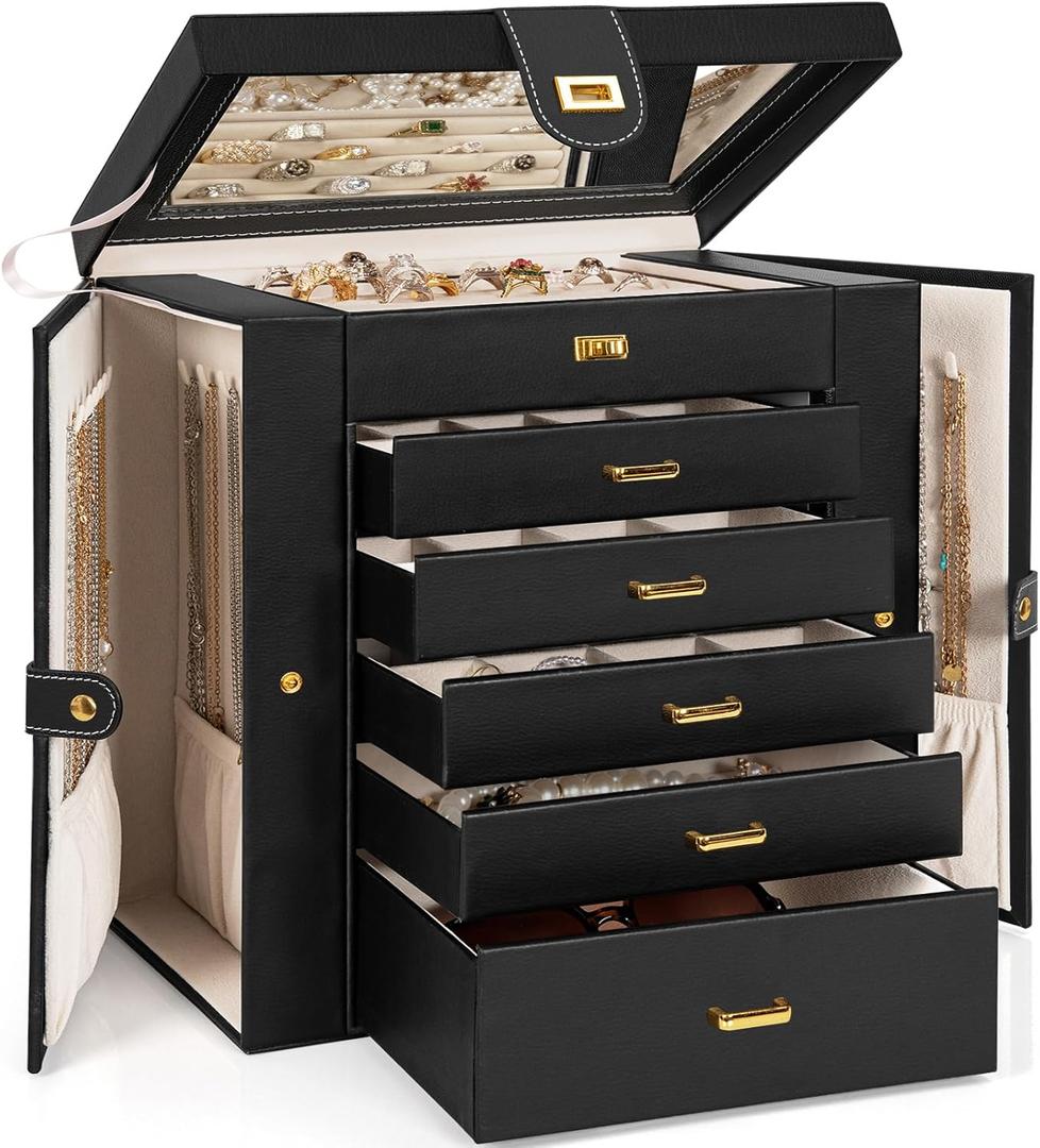 AKOZLIN Huge Jewelry Box Organizer Functional Extra Large Leather Jewelry Storage Case for Women Girls Ring Necklace Earring Bracelet Holder Organizer with Mirror Black
