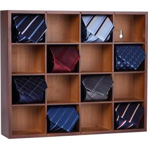 Wall Mounted Tie Rack - 16 Compartment Tie Organizer with Display Racks for Bedroom & Wardrobe