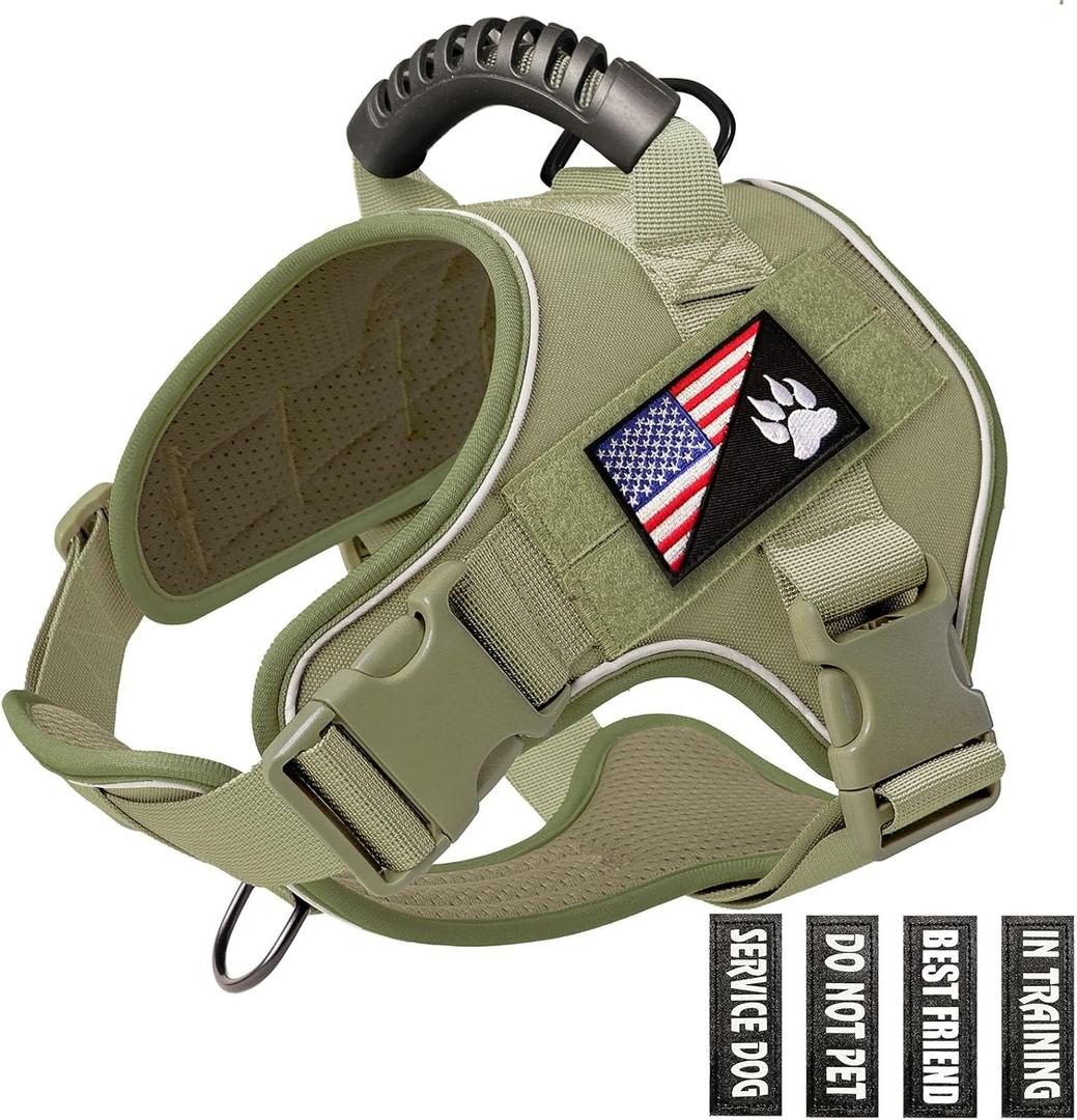Tactical Dog Harness,No Pull Military Pet Harness for Medium Large Dogs, Adjustable Service Dog Vest Harness with Night Reflective, Easy Control Handle for Walking, Hiking, Training (Large, Green)