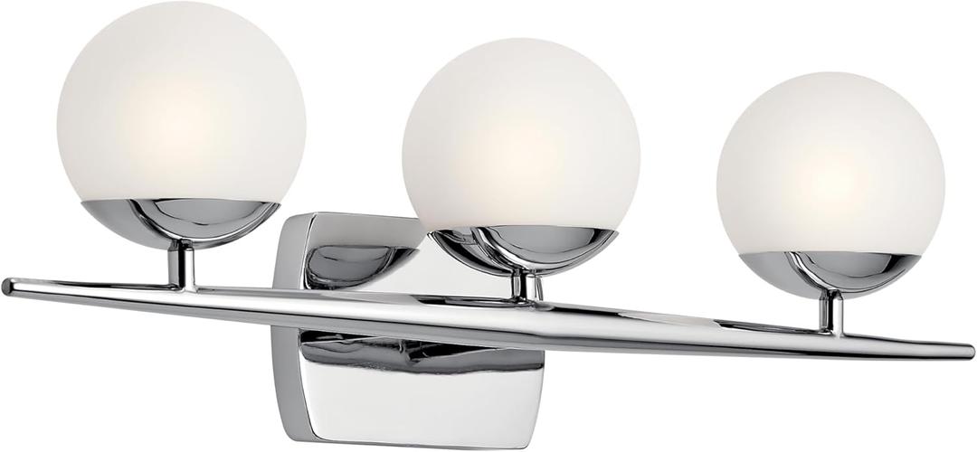 Kichler Jasper 24.5" Halogen Vanity Light in Chrome, 3-Light Mid Century Bathroom Vanity with Satin Etched Cased Opal Glass, (24.5" W x 7.75" H), 45582CH