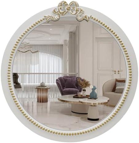 Vintage Round Wall Mirror 20inch Farmhouse Wooden Vanity Mirror for Wall Decor, Decorative Antique White Bathroom Mirrors, Traditional Art Home Bow Decor for Dressing Table, Living Room or Bedroom