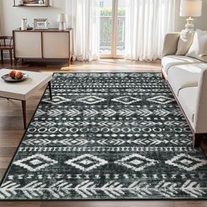 Lahome Machine Washable Non-Slip Rug 6x9 - Ultra-Thin Stain Resistant Boho Moroccan Black Area Rugs Soft Low-Pile Distressed Geometric Tribal Print Carpet for Living Room Bedroom Dining Room